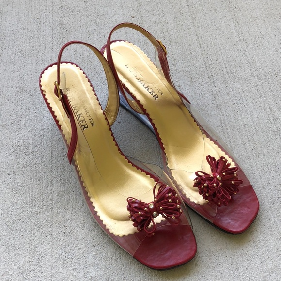 BOB BAKER Clear & Red Bow Front Peep Toe Sling Back Wedge Sandals - Picture 2 of 14